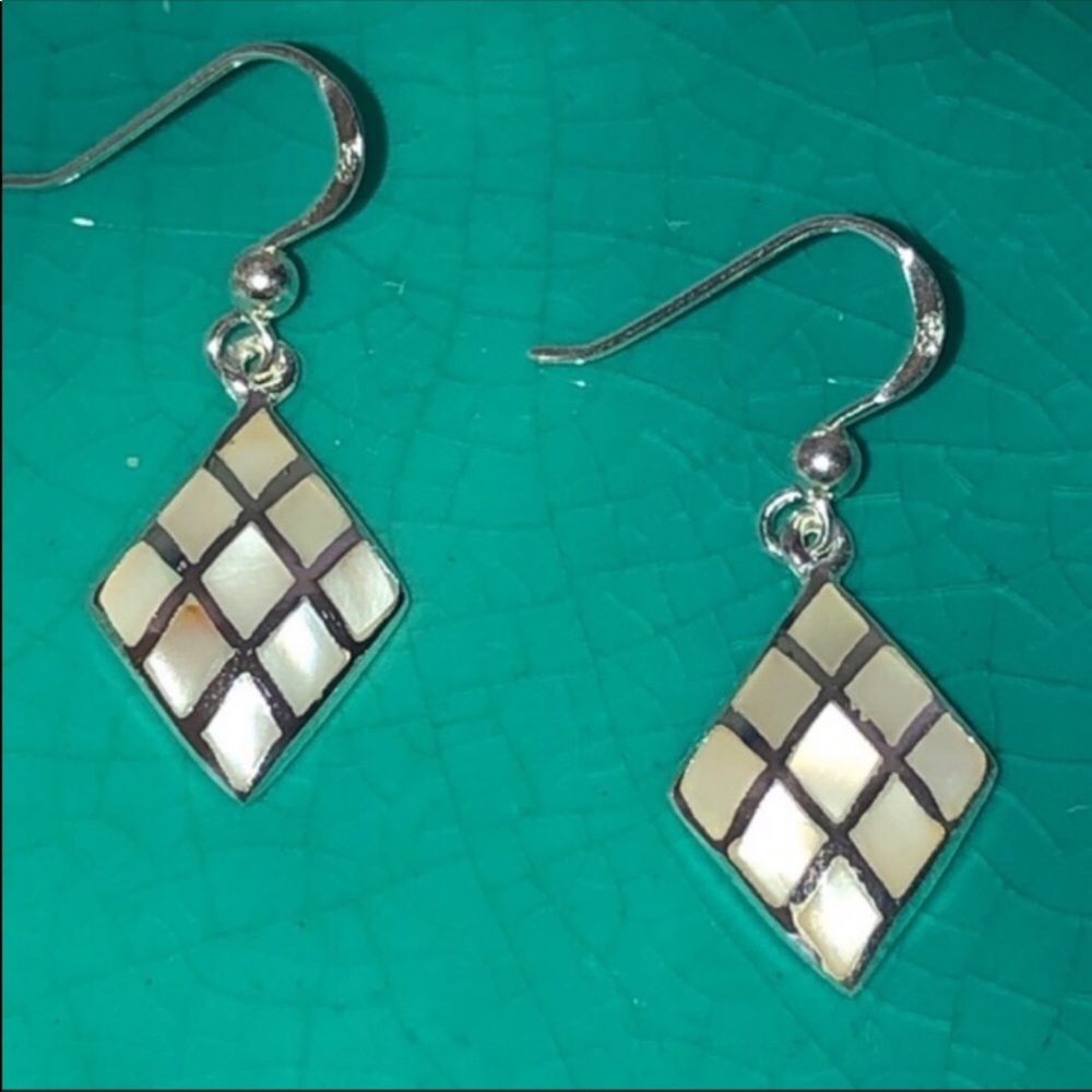 Sterling Silver Mother-of-Pearl Diamond-Shaped Drop Earrings - Cream Inlay